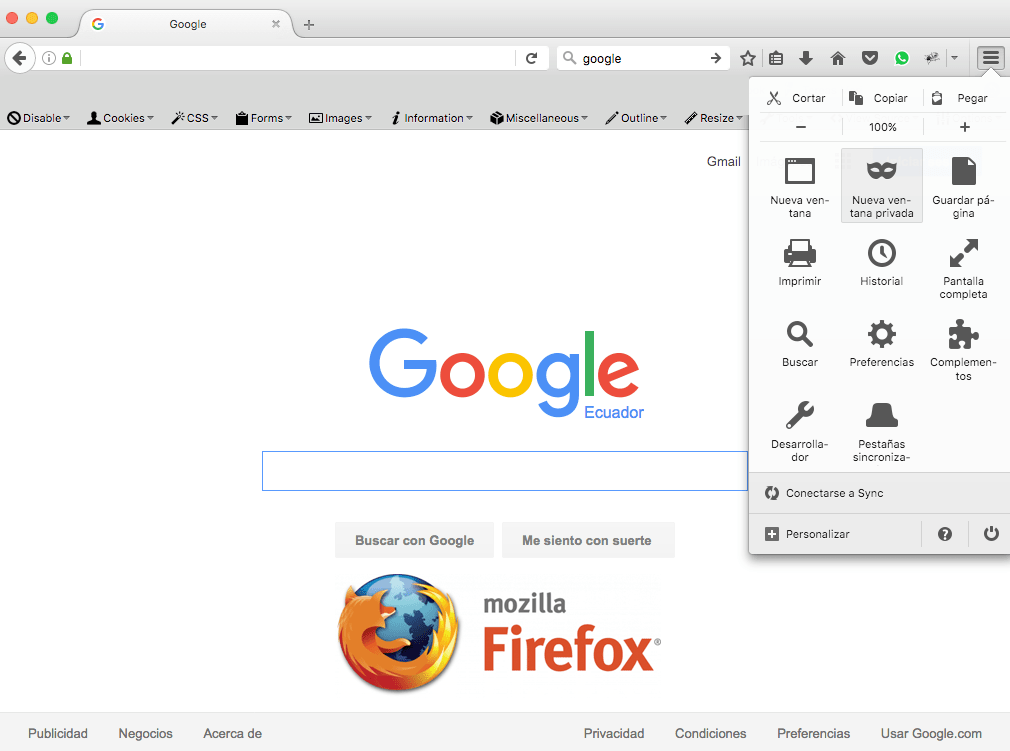 modo privado firefox